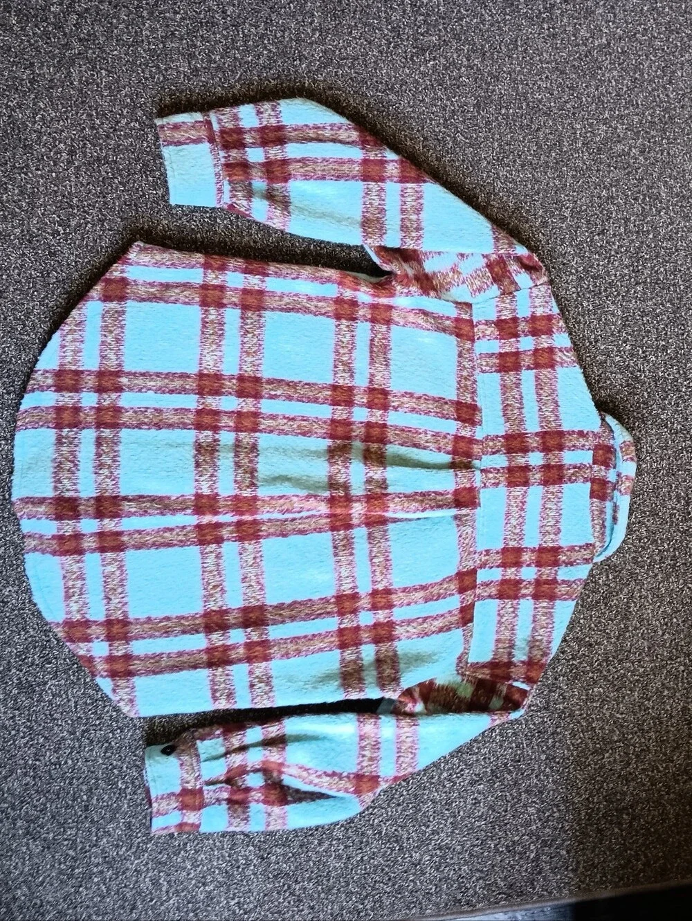 La Miel Turquoise & Burgundy Plaid Button Up Shacket Size Small, Rugged Chore